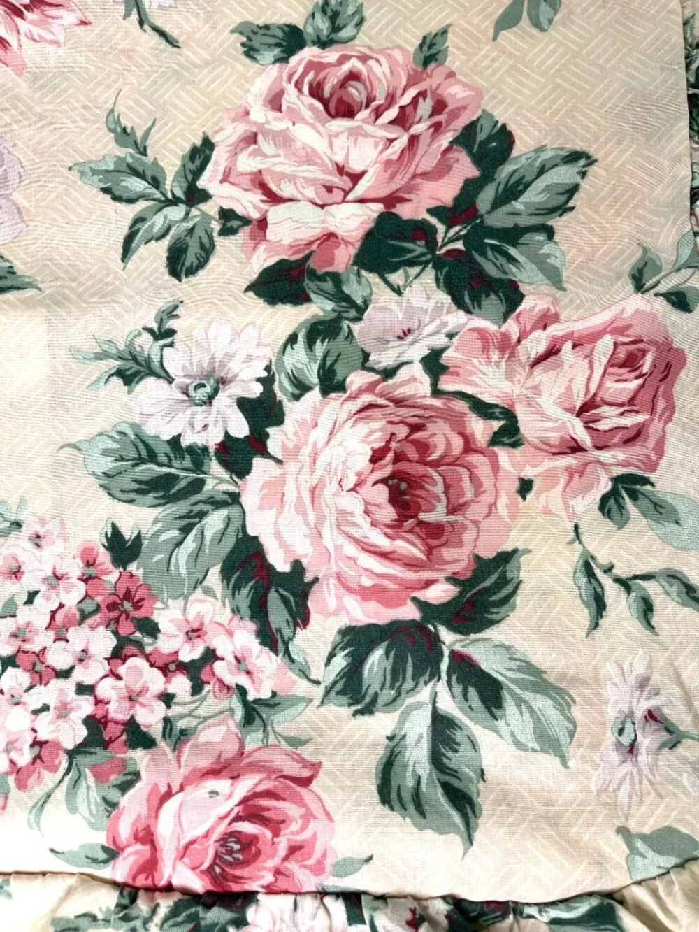 VTG Shabby Chic Cottagecore Floral Ruffled Pillow Sham Pink Cabbage Rose Flower - Picture 2 of 8